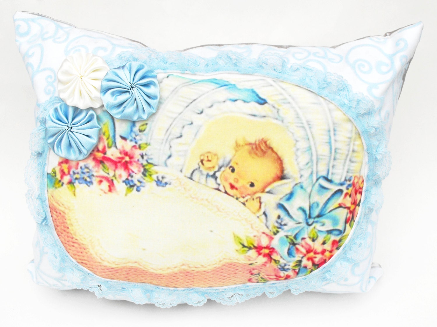Baby Boy Nursery Pillow Handmade Sky Blue Felt Swirl Chiffon Etsy