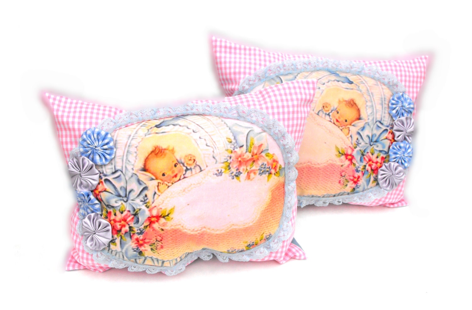 Twins Baby Nursery Pillows Handmade Pastel Pink Gingham Lace Etsy
