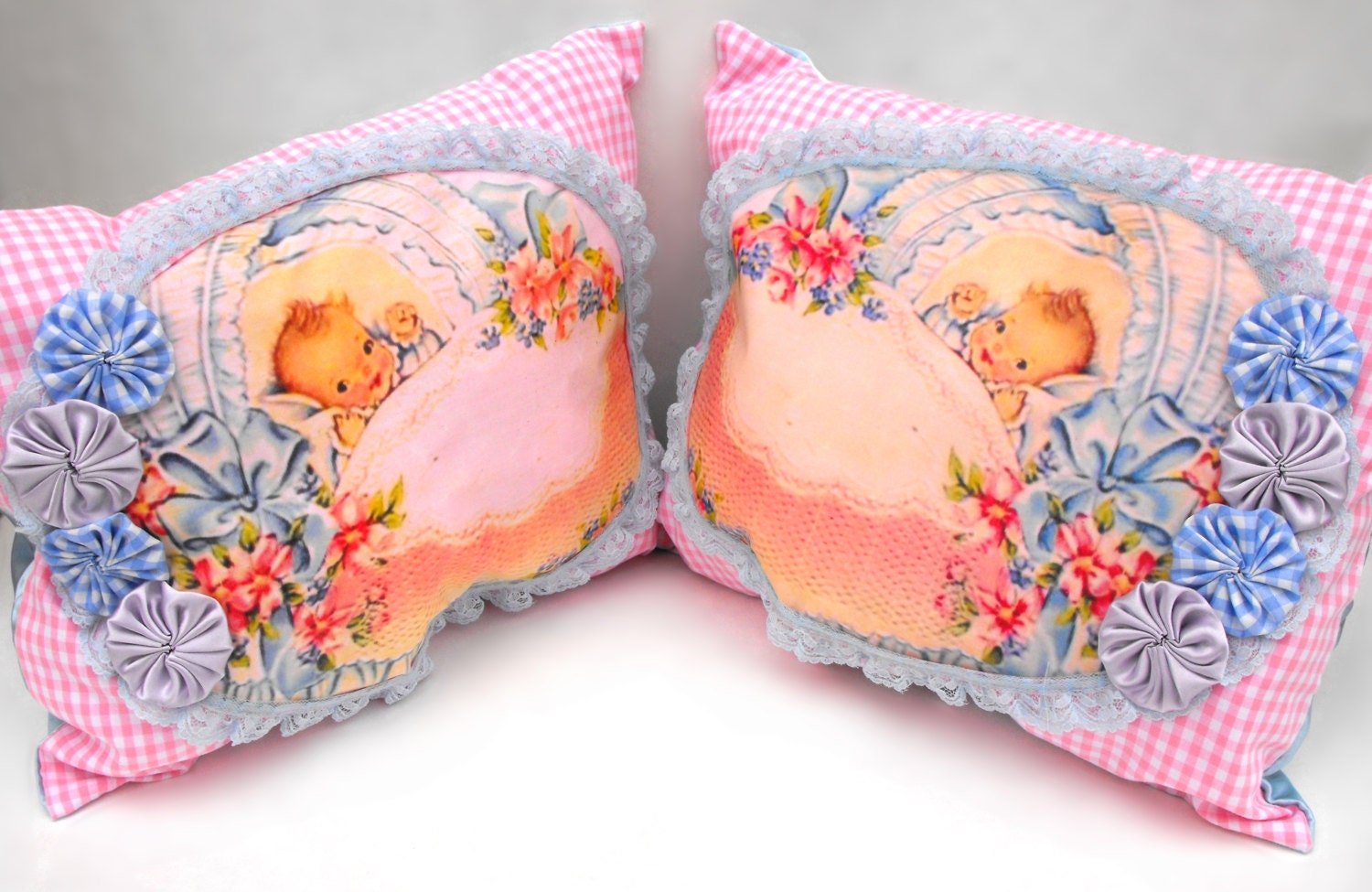 Twins Baby Nursery Pillows Handmade Pastel Pink Gingham Lace Etsy