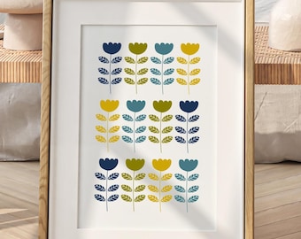 Mid Century Modern Flower Poster, Retro Scandinavian Wall Art Print, Geometric Floral Decor