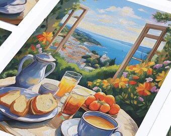 May include: Watercolor print of a breakfast scene overlooking a coastal town. The image features a table set with a blue teacup, plate of bread, orange juice, and a teapot. The background shows a window with a view of the sea and flowers.