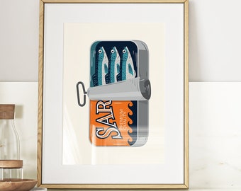 May include: A framed illustration of a can of sardines with the word "SARDINES" printed on the can. The can is open and the sardines are swimming out of the can. The illustration is in a white frame with a gold border.