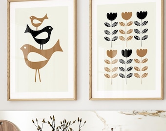 Mid Century Modern Bird and Flower Prints Set of 2, Scandinavian Wall Art, Black and Tan Retro Decor