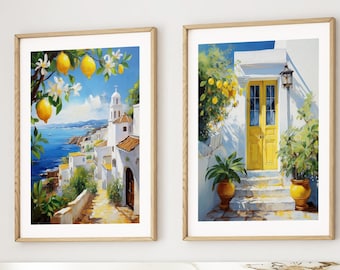 Mediterranean Lemon Wall Art Set of 2 Prints, Coastal Greek Island Decor, Blue White Santorini Style, Yellow Kitchen Artwork