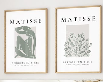 Set of 2 Matisse Prints, Sage Green Wall Art, Neutral Abstract Poster Set, Minimalist Scandinavian Decor, Modern Gallery Wall Art