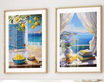Mediterranean Summer Wall Art Set of 2, Coastal Lemon Print Duo, Beach Decor
