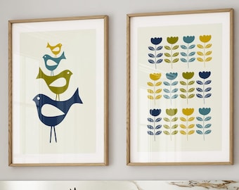 Mid Century Modern Bird and Flower Prints Set of 2, Mustard Navy Teal Scandinavian Wall Art