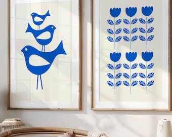 Blue Mid Century Modern Bird and Flower Prints Set of 2, Scandinavian Wall Art