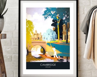 Cambridge Travel Poster, Retro Travel Poster, Cambridge Souvenir, Punting Print, River Cam Print, Cambridge University, Travel Poster