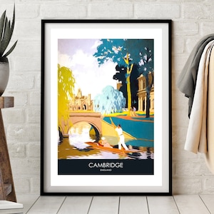 Cartel de viaje de Cambridge, cartel de viaje retro, recuerdo de Cambridge, impresión punting, impresión de cam de río, Universidad de Cambridge, cartel de viaje imagen 1