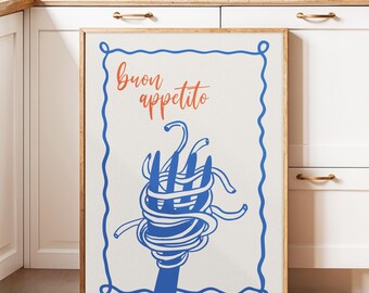 Buon Appetito Poster, Italian Kitchen Wall Art, Pasta on Fork Print, Rustic Food Decor