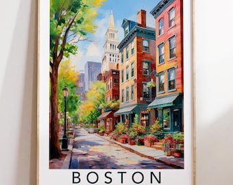 Boston Travel Poster | Charles Street Print | Beacon Hill Wall Art | Historic Homes Illustration | New England City Decor