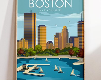 Boston Print, Boston Poster, Massachusetts Print, Boston Wall Art, Travel Wall Art, Retro Wall Art, New England Gift,  Housewarming Gift