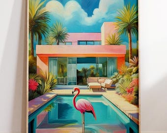 Mid Century Modern Wall Art, California Poster, Flamingo Wall Art, Retro Travel Poster, Colourful Mid Century Art