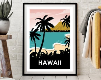 Affiche Hawaï, Impression de voyage rétro Hawaï, Affiche rétro, Impression Hawaï, Art mural Hawaï, Art du salon, Cadeau de pendaison de crémaillère, Affiche de voyage