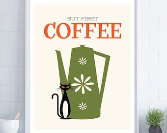 Cat and Coffee Print, Mid Century Modern Art, Kitchen Wall Sign, Black Cat Art, Coffee Lover Gift, Retro Coffee Pot, Atomic Cat
