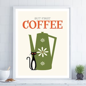 Cat and Coffee Print, Mid Century Modern Art, Kitchen Wall Sign, Black Cat Art, Coffee Lover Gift, Retro Coffee Pot, Atomic Cat