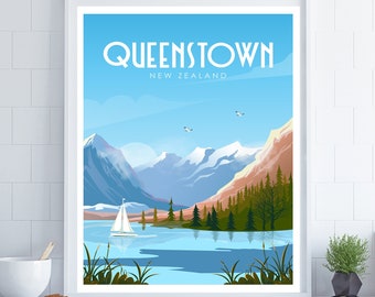 Queenstown Travel Poster, New Zealand Poster, New Zealand Wall Art, Coastal Wall Art, Travel Wall Art, Travel Poster, Boating Poster