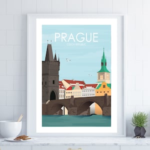 May include: A colorful illustration of Prague, Czech Republic, featuring the Charles Bridge with its iconic towers and arches. The illustration is set against a blue sky with white clouds.