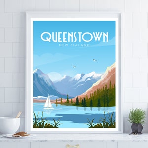 Queenstown Travel Poster, New Zealand Poster, New Zealand Wall Art, Coastal Wall Art, Travel Wall Art, Travel Poster, Boating Poster