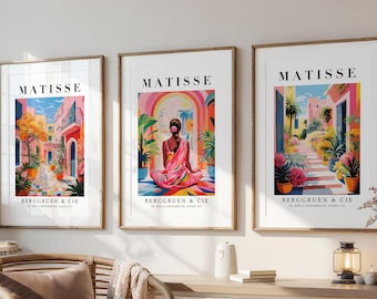Matisse Style Prints Set of 3, Colourful Mediterranean Wall Art, Pink Coastal Posters, Modern Gallery Wall Decor, Summer Art Set