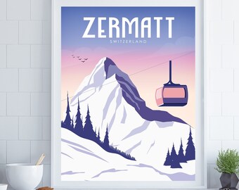May include: A retro-style travel poster featuring a mountain range with a cable car in the foreground. The poster is titled "Zermatt, Switzerland".