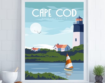 Póster de Cape Cod, póster de Massachusetts, póster de EE. UU., regalo de boda, arte mural de viaje, regalo para casa nueva, decoración de dormitorio, decoración costera, regalo romántico
