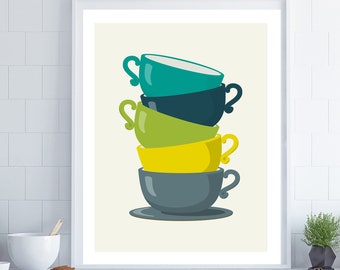 Retro Kitchen Wall Art, Kitchen Wall Art, Tea Cups, Tea Print, Kitchen Poster, Kitchen Sign, Housewarming Gift, Kitchen Art Print