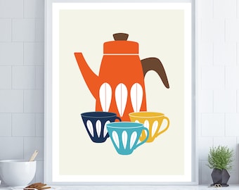 May include: A retro-style illustration of a red and white teapot with a brown handle and three cups with white and blue geometric patterns. The cups are yellow, blue, and navy blue.