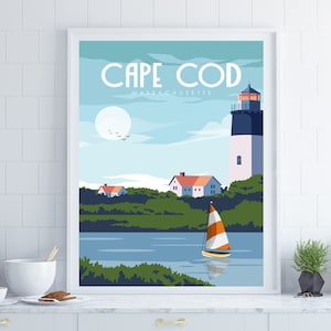 May include: A vintage travel poster featuring a lighthouse with a white and blue striped design, a sailboat on a blue body of water, and the text "CAPE COD MASSACHUSETTS".