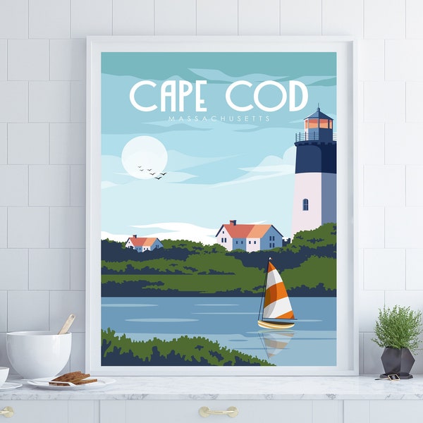 Affiche Cape Cod, Affiche du Massachusetts, Affiche américaine, Cadeau de mariage, Art mural de voyage, Cadeau de nouvelle maison, Décoration de dortoir, Décoration côtière, Cadeau romantique