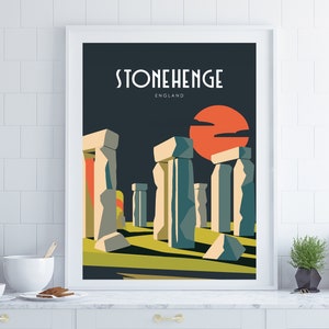 Cartel de Stonehenge, cartel de mediados de siglo, cartel de viaje, arte de pared de viaje, cartel de patrimonio, cartel de hito, arte de pared de druida, cartel de turismo