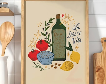 Italian Kitchen Wall Art, La Dolce Vita Print, Olive Oil & Lemon Art, Mediterranean Kitchen Decor, Italian Food Poster