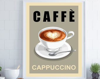 Cappuccino Coffee Print, Retro Coffee Poster, Retro Wall Art, Coffee Poster, Kitchen Wall Art, Retro Coffee Art, Retro Kitchen Wall Art