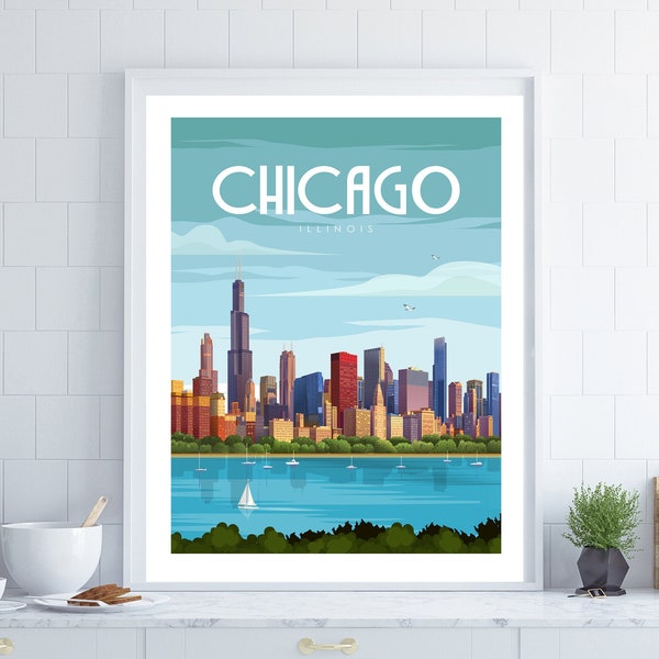 May include: A vintage-style poster featuring a colorful illustration of the Chicago skyline. The poster has a blue background with white clouds and the text "CHICAGO ILLINOIS" in a retro font.