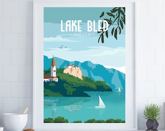 Póster de Eslovenia, Póster del Lago Bled, Arte de pared de viaje, Arte de pared de Eslovenia, Póster turístico, Arte de pared romántico, Póster retro, Regalo de boda