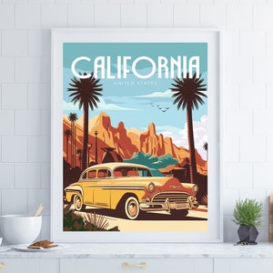 California Poster, California Wall Art, Travel Wall Art, Retro Wall Art, Retro Travel Poster, Large Travel Print, New  Home Gift, US Gift