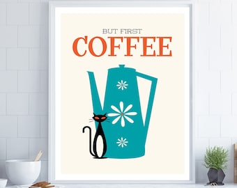 Cat and Coffee Print, Mid Century Modern Art, Kitchen Wall Sign, Black Cat Art, Coffee Lover Gift, Retro Coffee Pot, Atomic Cat