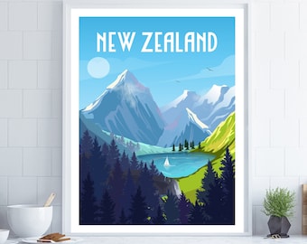 New Zealand Poster, New Zealand Wall Art, Coastal Wall Art, Travel Wall Art, Travel Poster, Retro Travel Poster, New Zealand Gift
