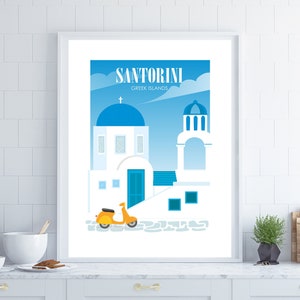 May include: A white and blue illustration of a Santorini, Greece cityscape with a yellow scooter in the foreground. The text "Santorini Greek Islands" is at the top of the image.
