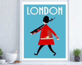 May include: A blue and white poster with the word "LONDON" in white letters. A cartoon illustration of a red-coated guard with a black hat and a rifle on his shoulder is walking on a blue background.