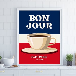 Bonjour プリント、キッチン ウォール アート、キッチン デコレーション、レトロ ウォール アート、レトロ キッチン デコレーション、フランス デコレーション、パリ ウォール アート、カフェ ポスター、レストラン