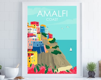 Amalfi Travel Poster, Amalfi Coast Travel Poster, Retro Travel Poster, Italian Coast Wall Art, Coastal Wall Art, Anniversary Gift