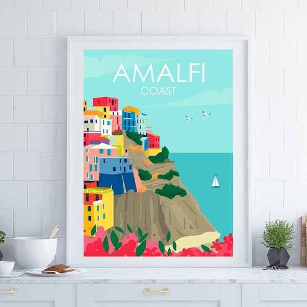 Amalfi Travel Poster, Amalfi Coast Travel Poster, Retro Travel Poster, Italian Coast Wall Art, Coastal Wall Art, Anniversary Gift