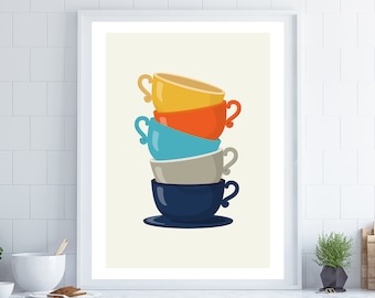 May include: A stack of four colorful teacups, with a yellow, orange, blue, and dark blue cup, on a white background.