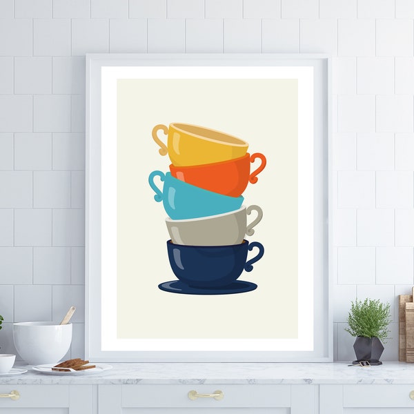Retro Kitchen Wall Art, Kitchen Wall Art, Tea Cups, Tea Print, Kitchen Poster, Kitchen Sign, Housewarming Gift, Kitchen Art Print
