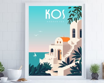 Kos Poster, Greece Poster, Greek Islands Wall Art, Coastal Wall Art, Kos Gift, Retro Wall Art, Travel Poster, Housewarming Gift