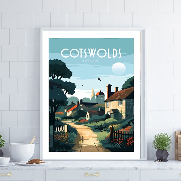 Cotswolds Poster, Vintage Travel Poster, Retro Style English Countryside Painting, Gift for Nature Walker, Cottage Art Print, Country Art