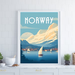 Cartel de viaje de Noruega, arte de la pared de Noruega, cartel de barco, arte de la pared de Escandinavia, cartel de viaje retro, cartel de viaje vintage, regalo de Noruega