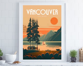 May include: A retro-style poster with the text "Vancouver Island" in a bold, stylized font. The poster features a scenic landscape with a lake, mountains, trees, a sailboat, a camper van, and a car. The sky is a vibrant orange and pink sunset.